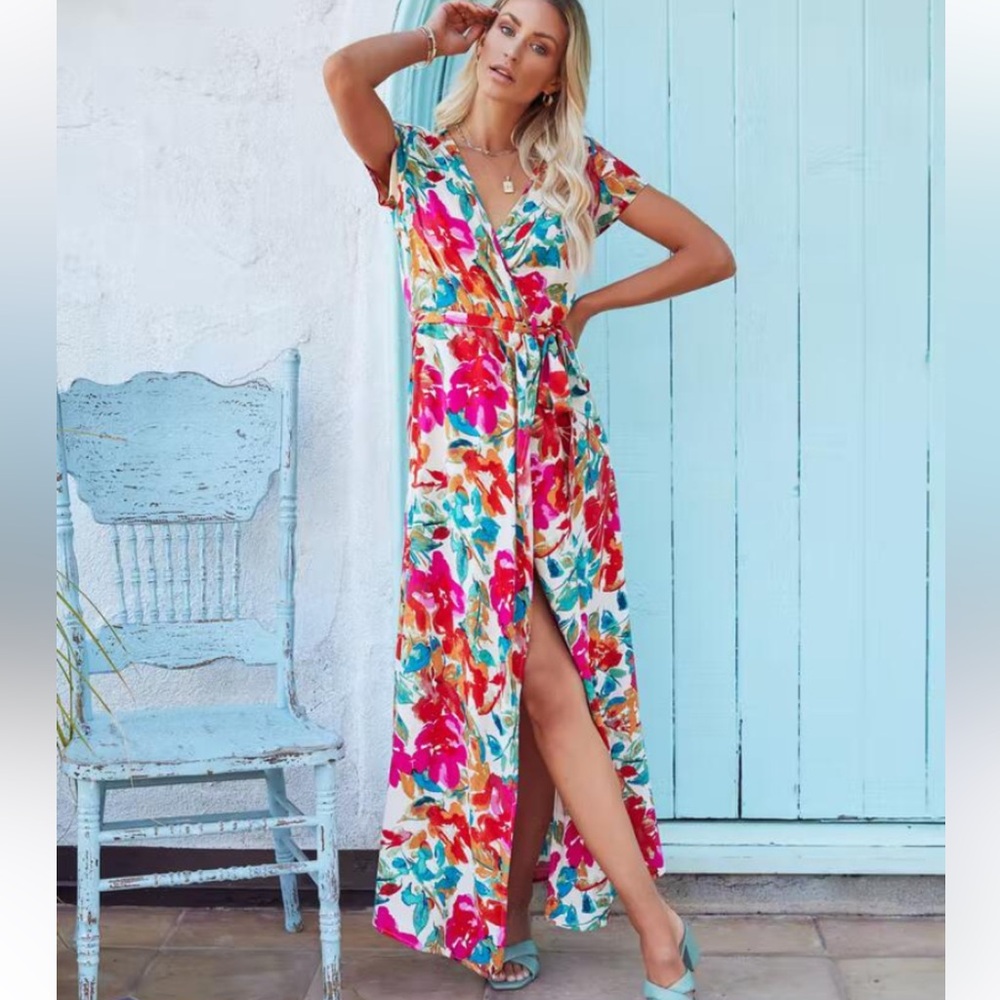 VICI Dress - What In Carnation Bardot Wrap Maxi Dress